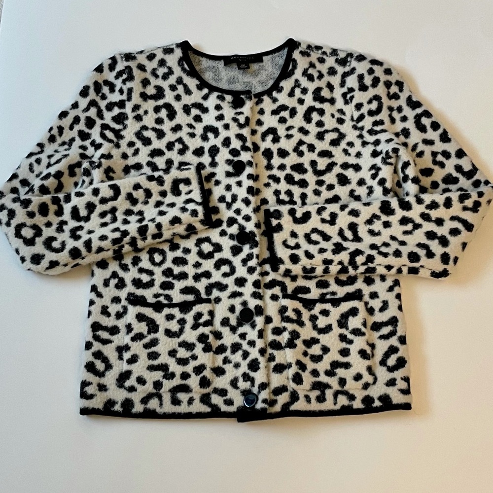Ann Taylor Button-Up Jacket/Sweater Black & White Leopard Print Size XSP